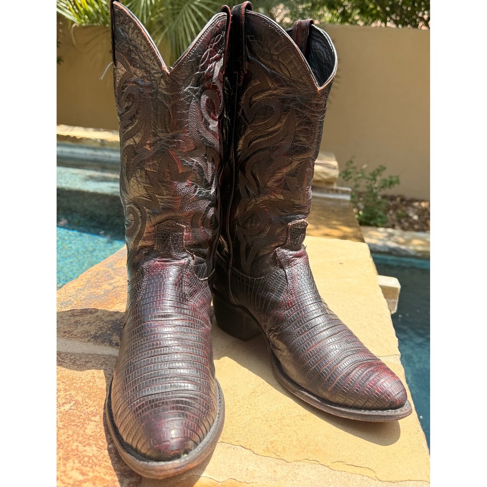 Dan Post Black Cherry Lizard Cowboy Boots Men's 8 EW Western Exotic Leather USA